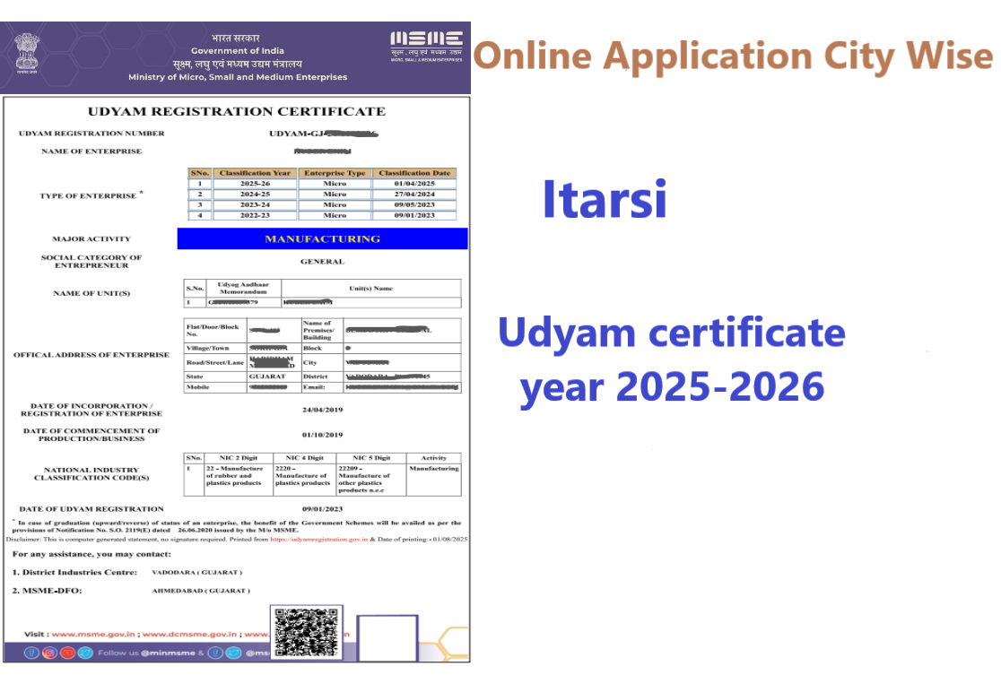 Itarsi  Udyam Certificate Year 2025-2026